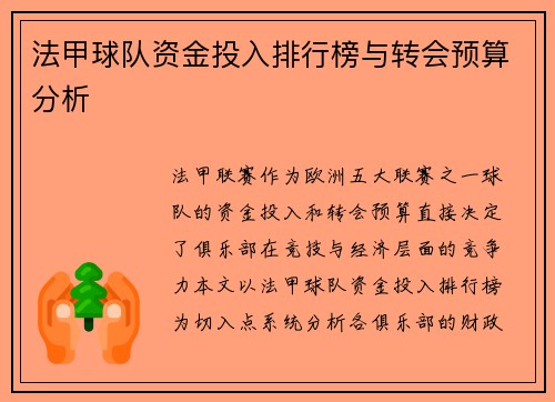 法甲球队资金投入排行榜与转会预算分析